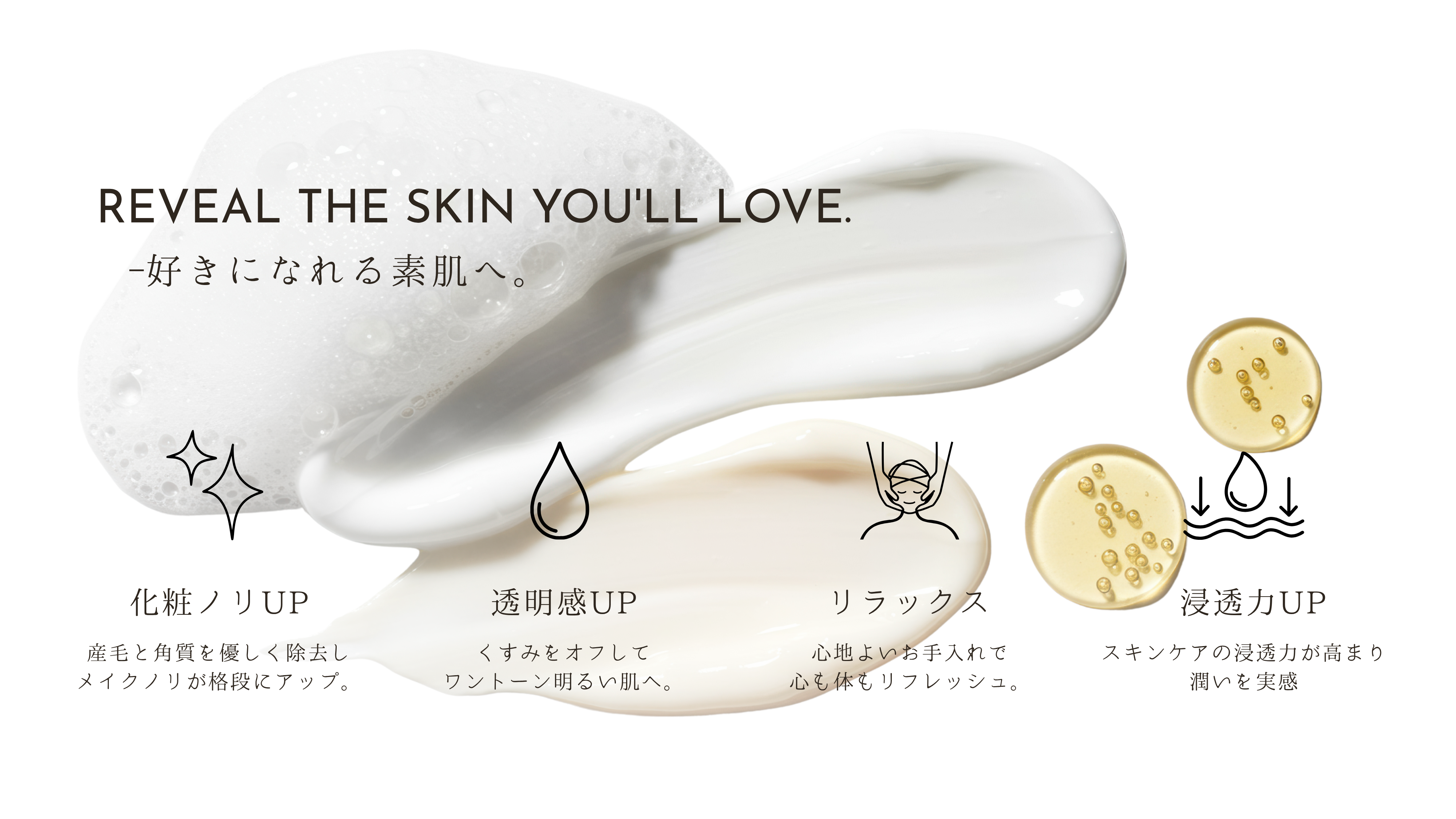 【好きになれる素肌へ。】化粧ノリUP：産毛と角質を優しく除去しメイクノリが格段にアップ。　透明感UP：くすみをオフしてワントーン明るい肌へ。　リラックス：心地よいお手入れで心も体もリフレッシュ。　浸透力UP：スキンケアの浸透力が高まり潤いを実感
